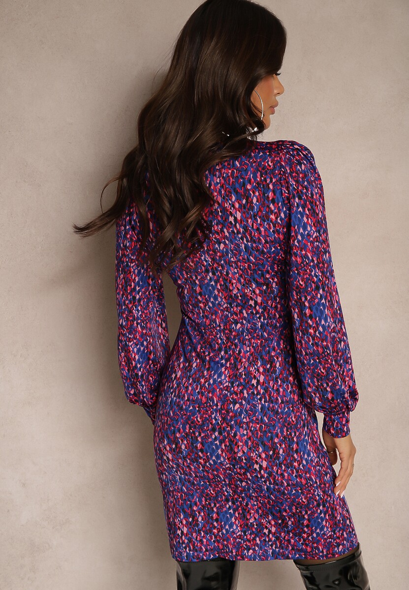 Fioletowo-Niebieska Wzorzysta Sukienka Mini z Głębokim Dekoltem i Mankietami Leossa