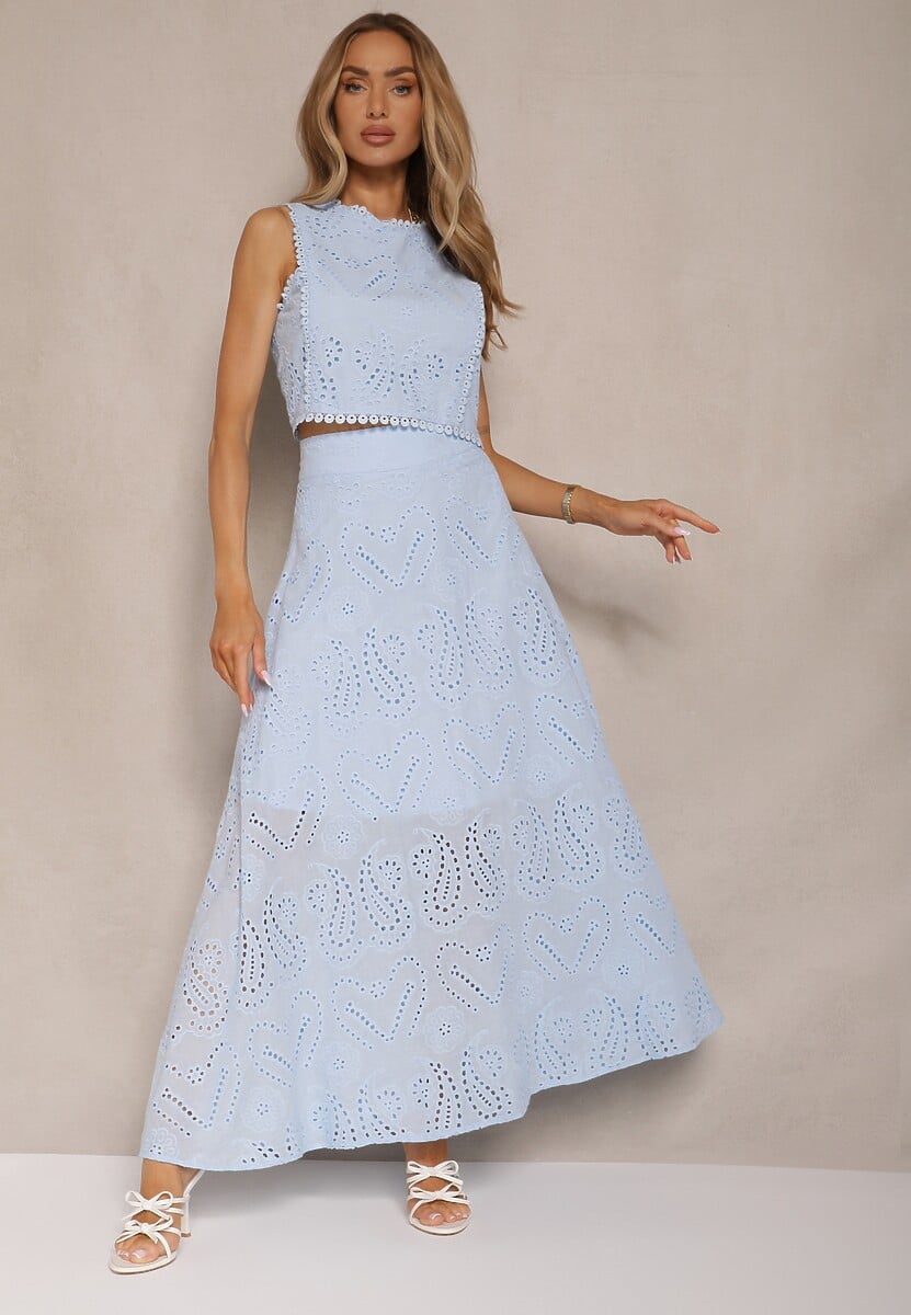 Biały Ażurowy Komplet z Haftowanej Tkaniny Top i Spódnica Salamira