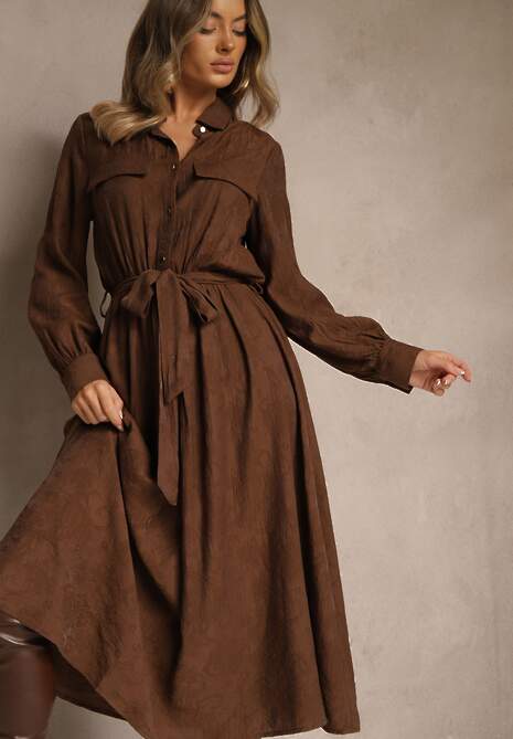 Brązowa Koszulowa Sukienka z Wiskozy o Rozkloszowanym Fasonie z Wiązaniem Isozera