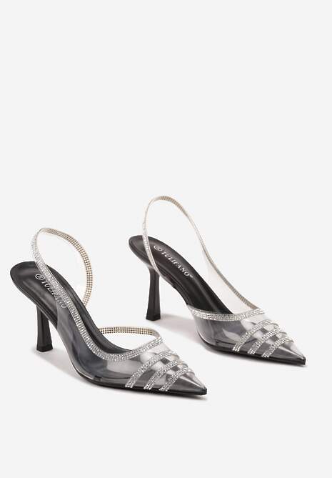 Czarne Sandały Transparentne z Cyrkoniami na Obcasie Typu Szpilka Felinira