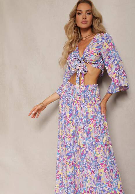 Niebiesko-Fioletowy Komplet z Bawełny Bluzka z Wiązaniem Spodnie Typu Palazzo z Gumką w Talii Ocadia