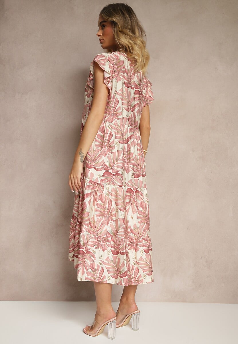 Ciemnoróżowa Rozkloszowana Sukienka z Wiskozą Zdobiona Roślinnym Printem Galmoi