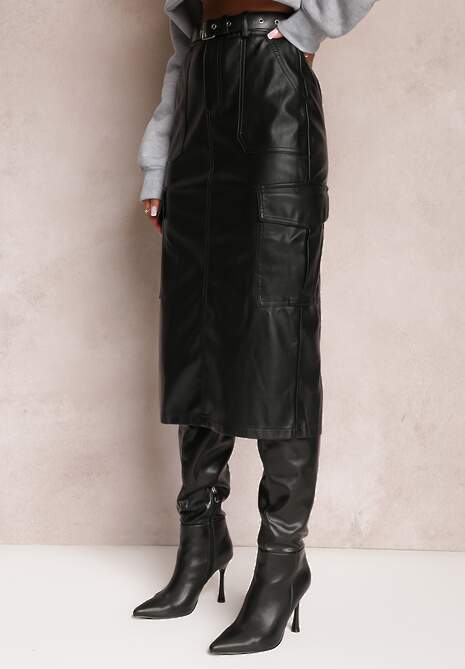 Czarna Spódnica Midi z Imitacji Skóry Paskiem i Kieszeniami Cargo Edvardisa