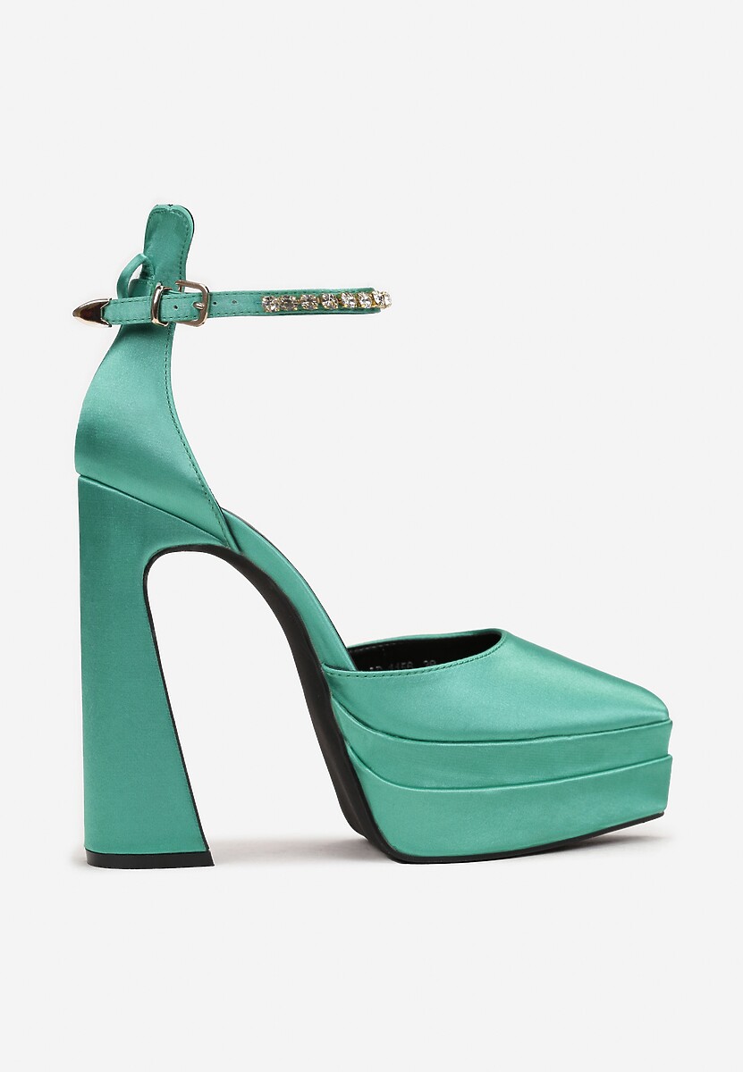 Zielone Satynowe Czółenka na Słupku i Platformie Darlo