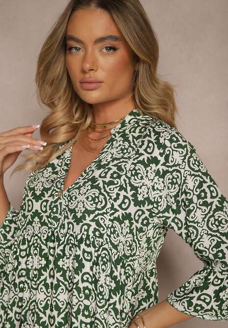 Zielona Rozkloszowna Sukienka z Bawełny w Ornamentalny Wzór z Falbaną Lanariella