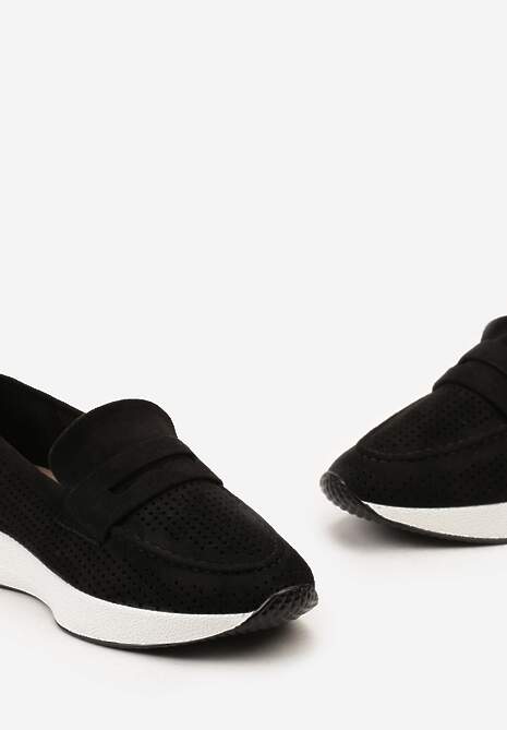 Czarne Ażurowe Półbuty Mokasyny na Niewysokiej Platformie Zuni