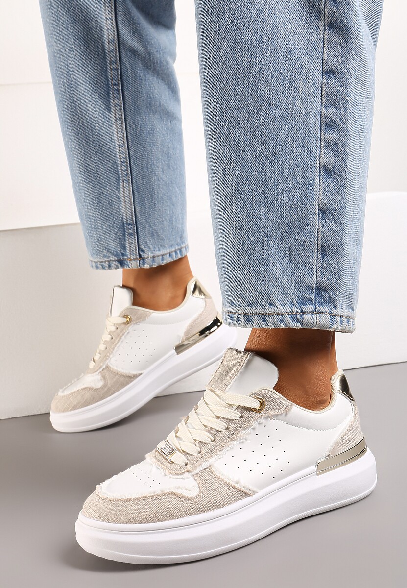 Biało-Beżowe Sneakersy Ozdobione Wstawkami z Materiału i Aplikacją z Cyrkonii Eephira