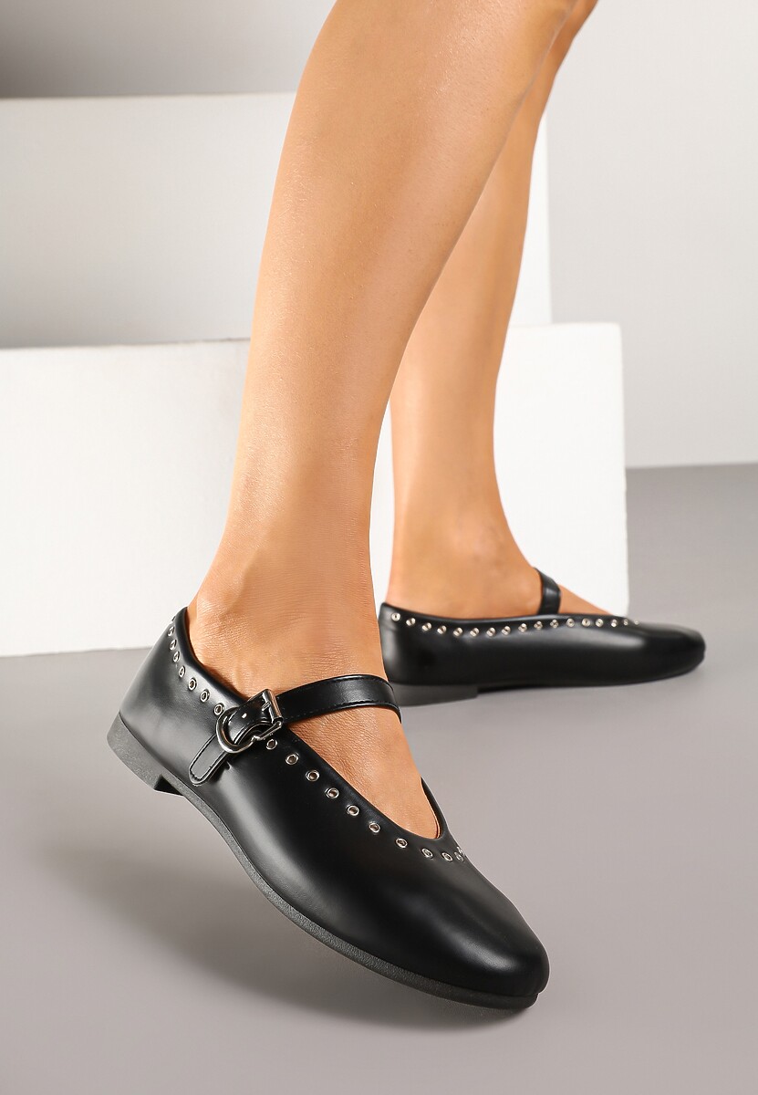 Czarne Balerinki w Stylu Mary Jane ze Zdobieniem z Nitami Fennriva