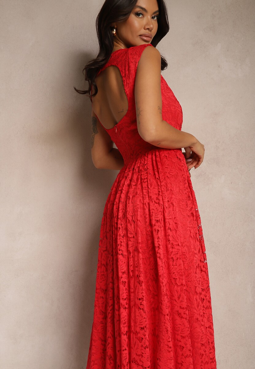 Czarna Rozkloszowana Sukienka z Koronki z Wycięciem na Plecach Meltewia