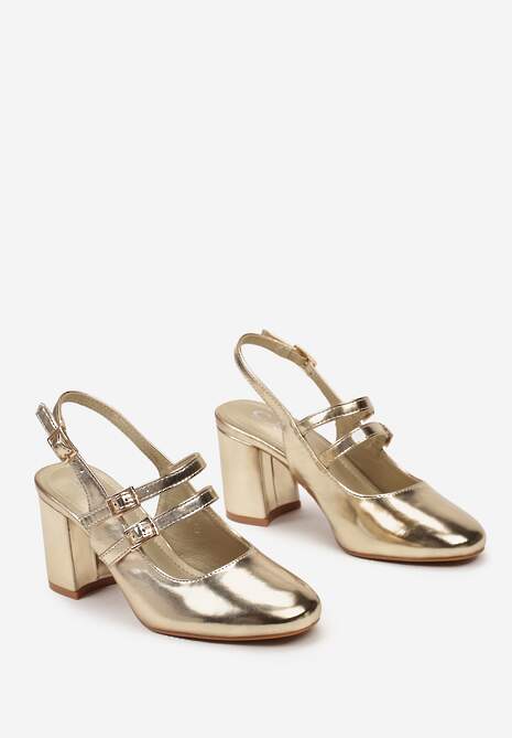 Złote Czółenka na Obcasie Ozdobione Cienkimi Paskami Okaria