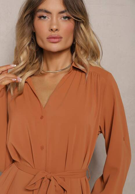 Brązowa Casualowa Sukienka Koszulowa na Guziki z Kieszeniami Jezebel