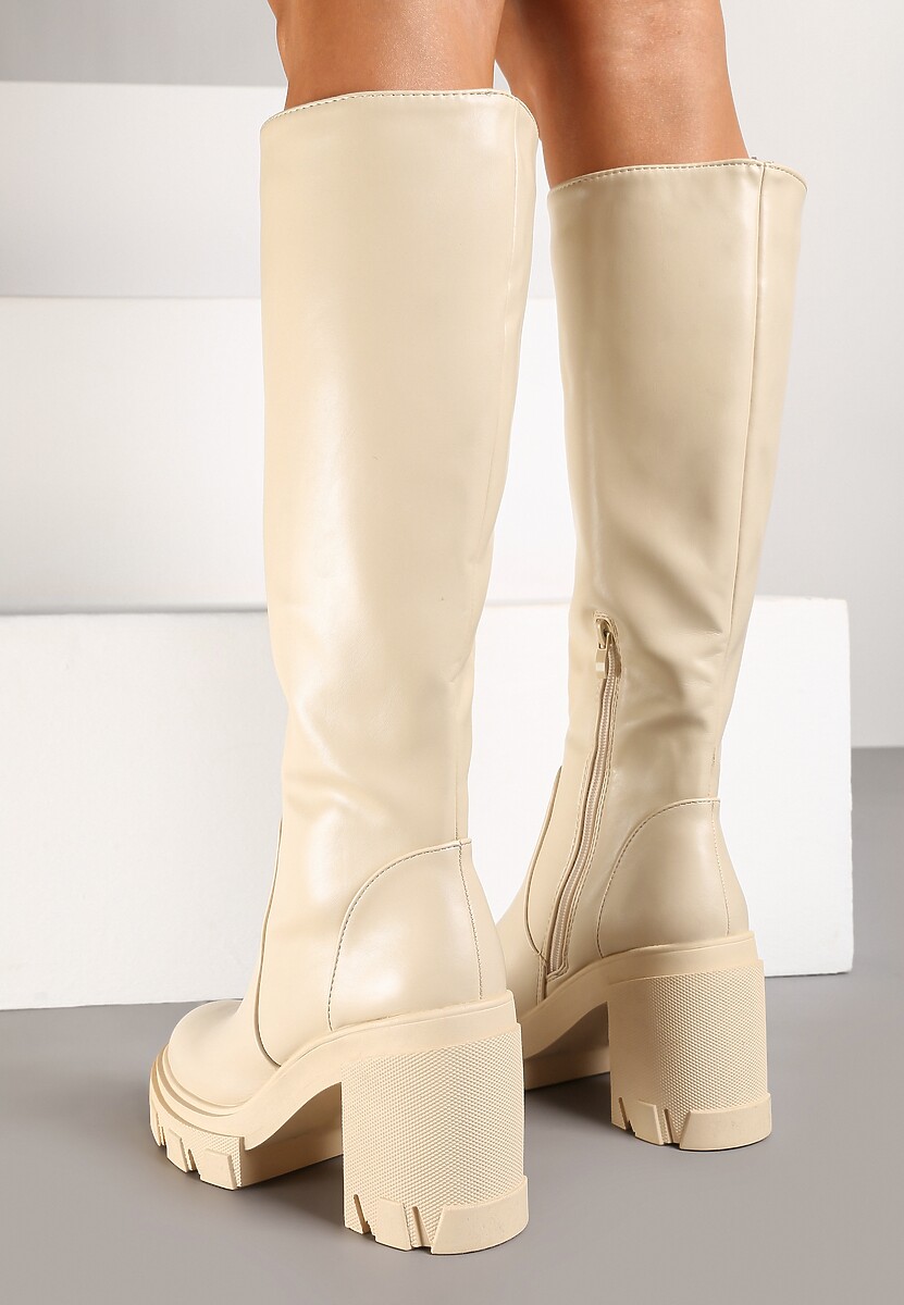 Beżowe Casualowe Kozaki na Słupku z Dopasowaną Cholewką Avanielle