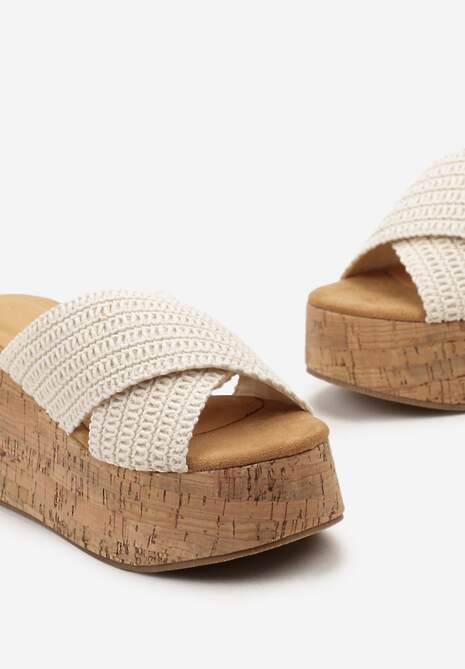 Beżowe Klapki na Platformie z Koturnem i Plecionką Paanas
