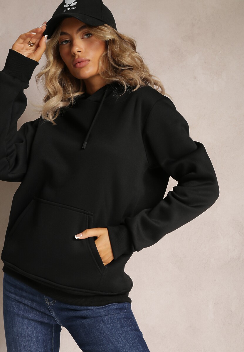 Czarna Bluza z Kapturem i Sznurkami oraz Kieszenią Wykończona Ściągaczami Vrokira