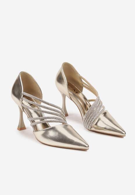 Złote Szpilki w Eleganckim Stylu Ozdobione Paskami z Cyrkonii Ettaisa