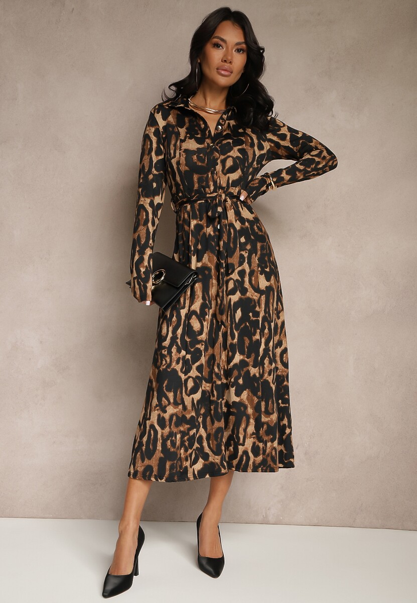 Brązowa-Czarna Długa Sukienka Koszulowa z Wiązaniem w Talii Levae