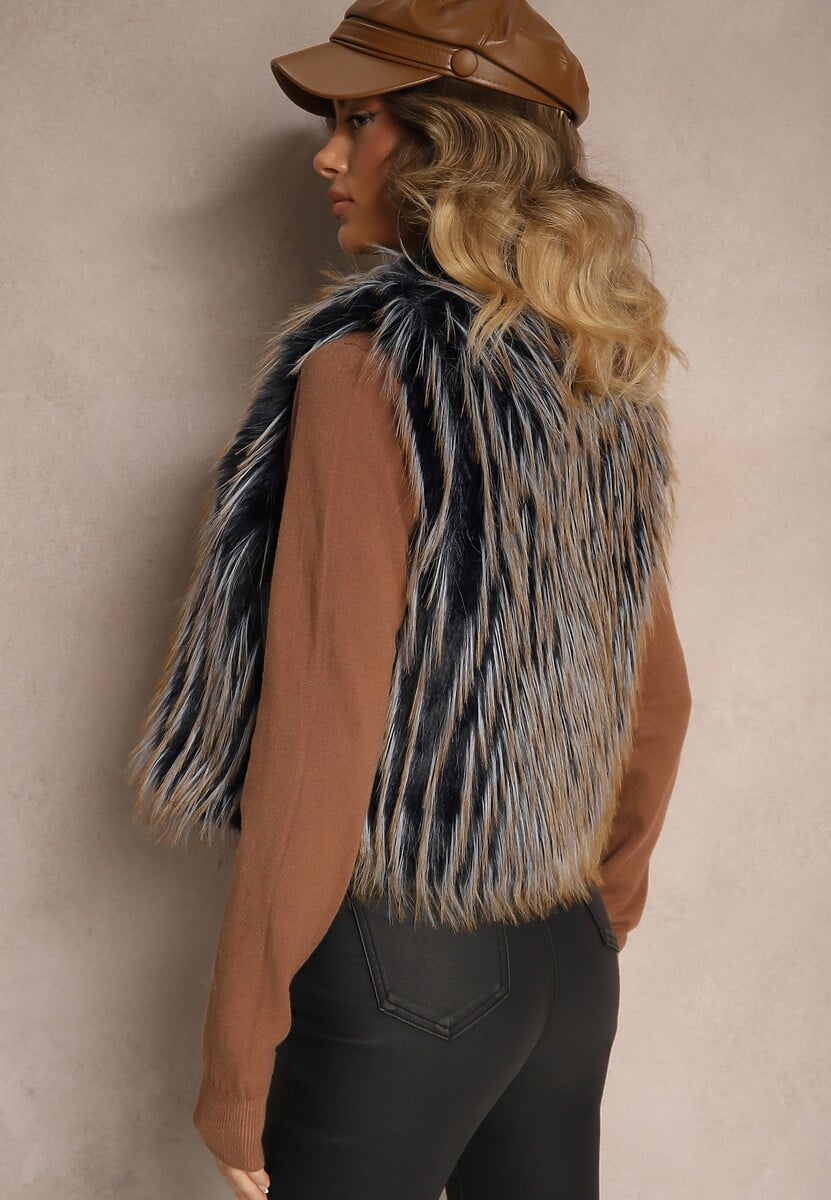 Granatowa Niezapinana Kamizelka Futerko Heleeti