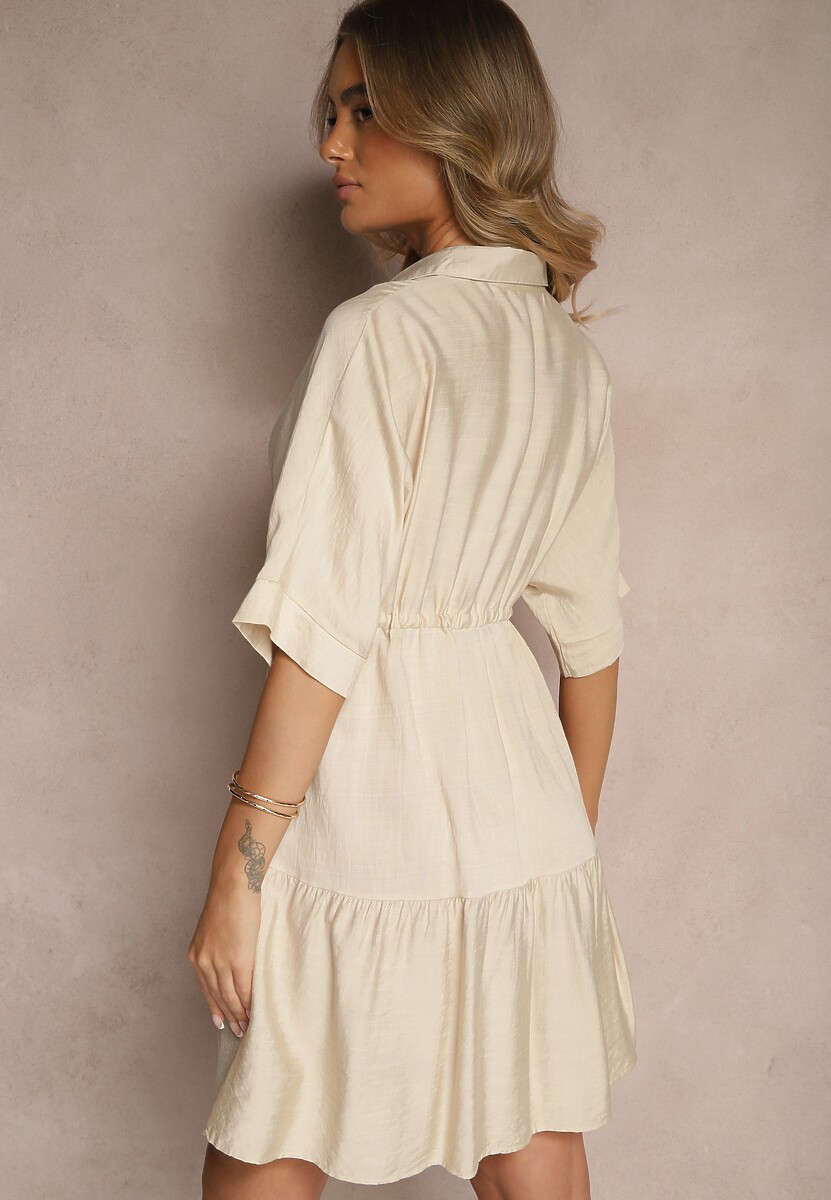 Jasnobeżowa Wiskozowa Sukienka o Koszulowym Kroju z Wiązaniem w Talii Nanovias
