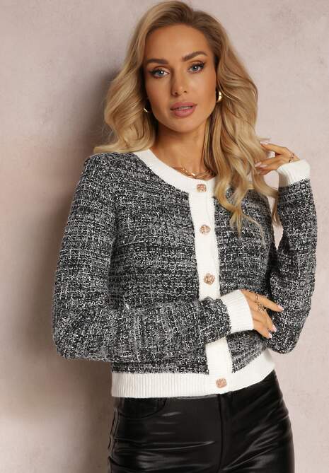 Czarno-Biały Kardigan Zapinany na Ozdobne Guziki z Metaliczną Nitką Flizome