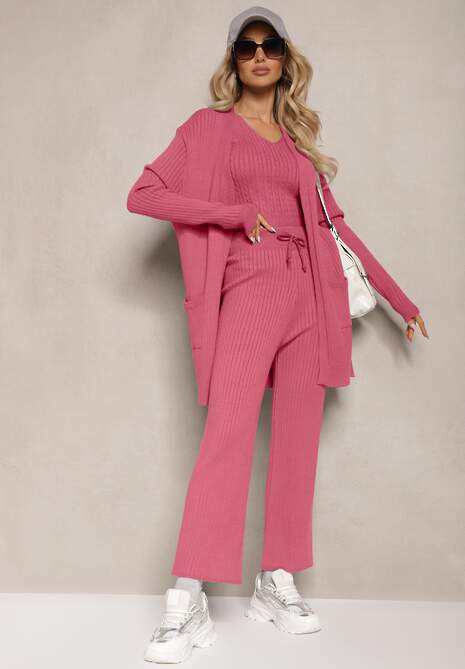 Ciemnoróżowy Komplet z Dzianiny Spodnie o Luźnym Fasonie Bluzka i Niezapinany Kardigan Irithaele