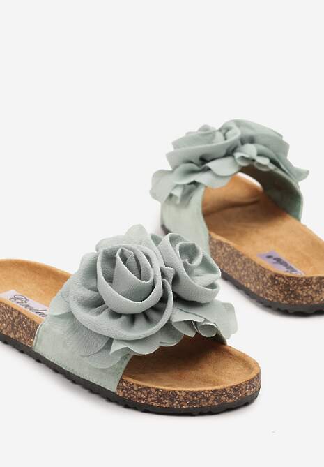 Jasnozielone Klapki na Platformie z Korka Ozdobione Kwiatami 3D Meralira