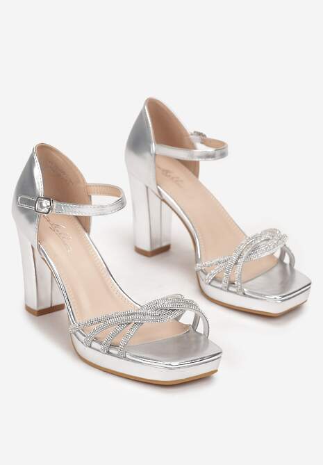 Srebrne Sandały na Słupku z Kwadratowym Noskiem i Biżuteryjnymi Paskami Eteas