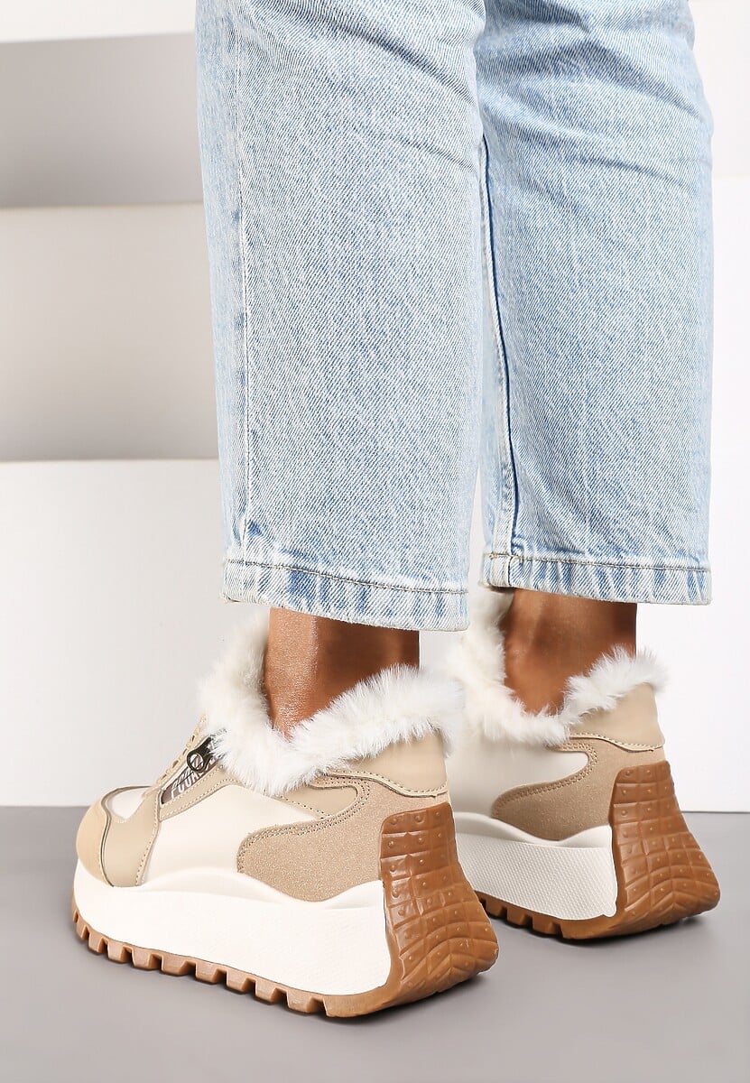 Beżowe Sneakersy na Platformie z Napisem Sznurowaniem i Futerkiem Vazina