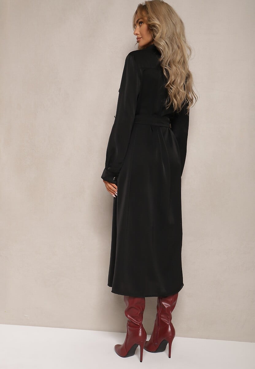 Czarna Rozkloszowana Sukienka o Koszulowym Kroju z Guzikami Wiązana w Talii Kortiana