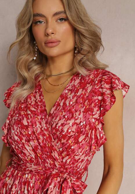 Czerwona Rozkloszowana Midi Sukienka w Kwiaty z Wiskozy Ściągana w Talii Gumką Anicolas