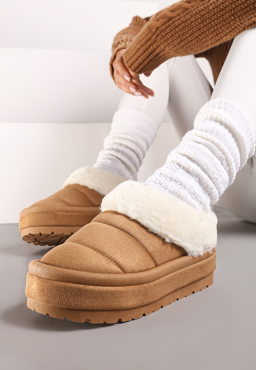 Jasnobrązowe Wsuwane Śniegowce na Platformie Ozdobione Futerkiem Sinthiana