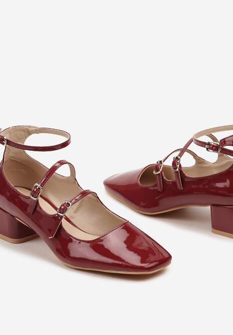 Bordowe Eleganckie Czółenka na Niewysokim Słupku Ozdobione Paskami ze Sprzączką Lavantia