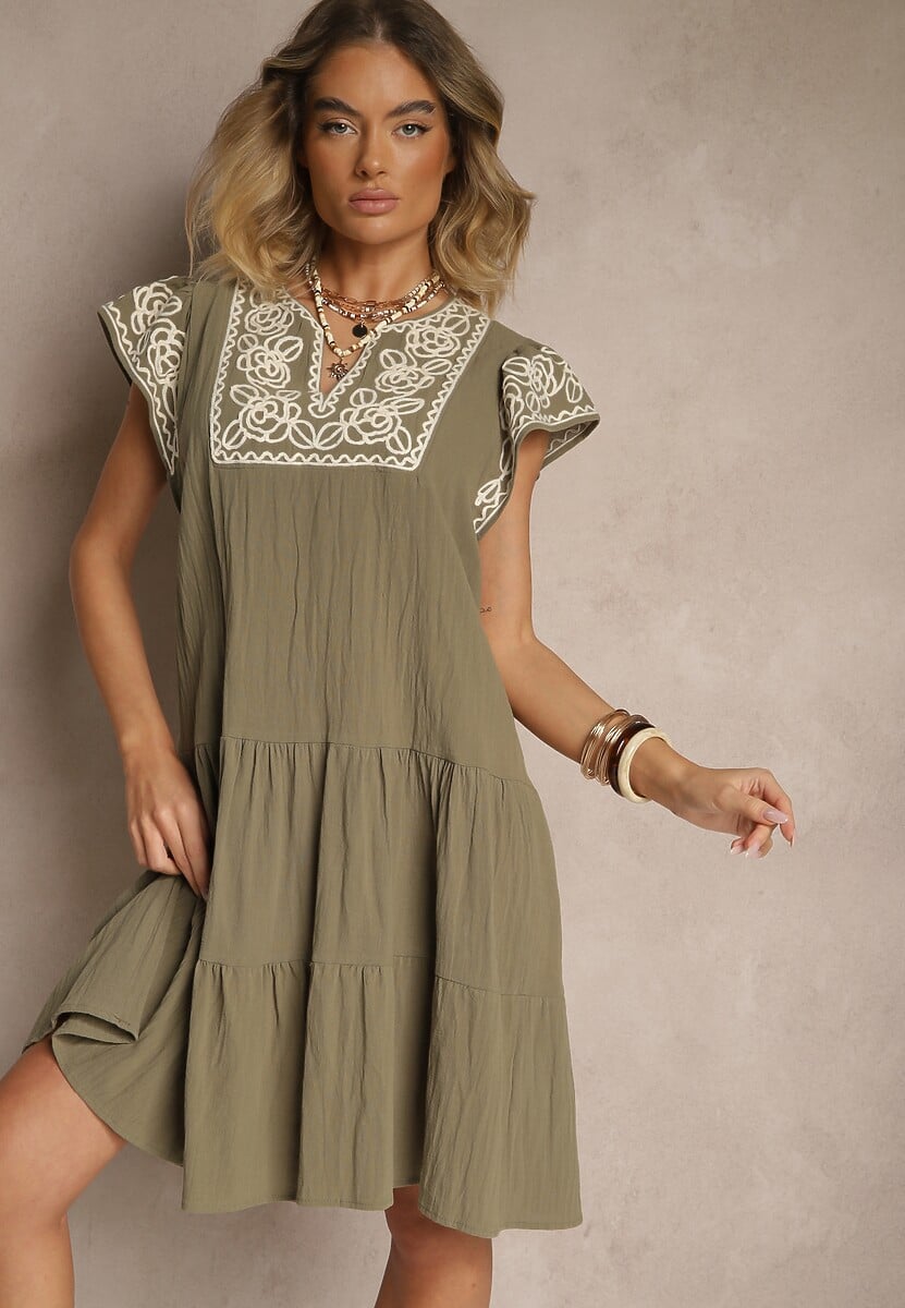 Jasnoniebieska Bawełniana Sukienka Boho Ozdobiona Haftami Eviriella