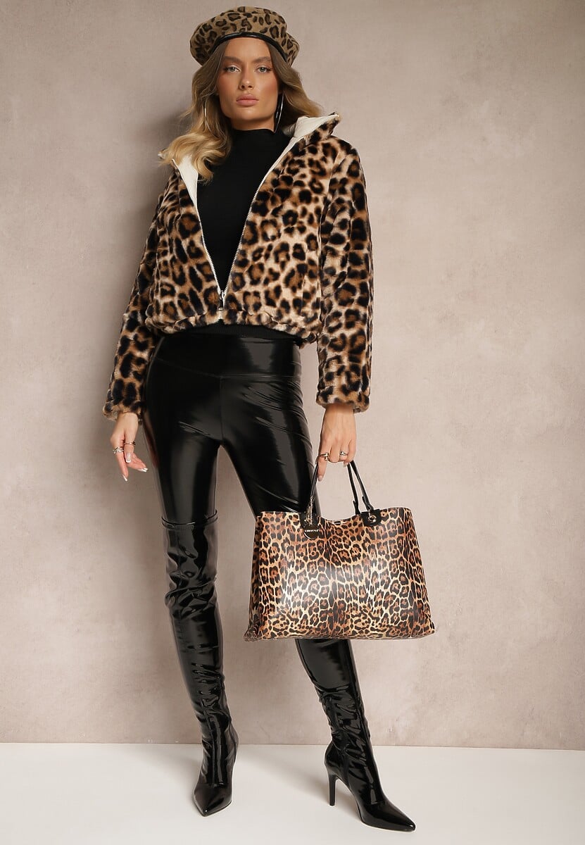 Beżowa Pikowana Kurtka Puffer Dwustronna z Futerkiem w Panterkowy Wzór Tinnathra