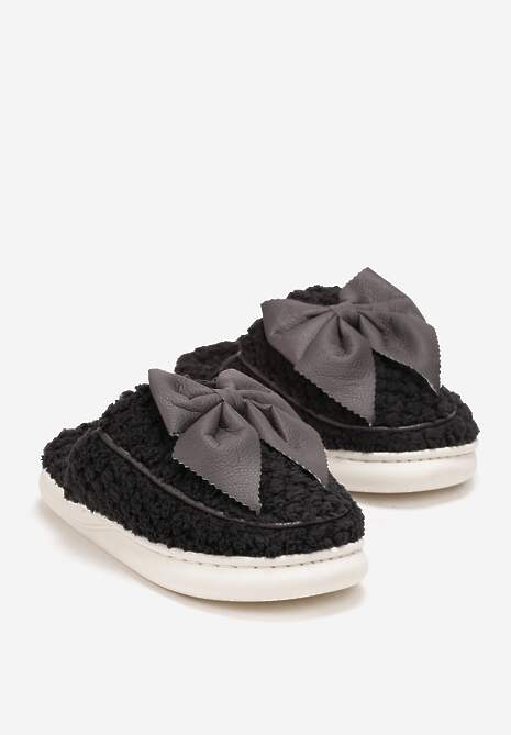 Czarne Futrzane Kapcie z Ozdobną Kokardką Minetasia