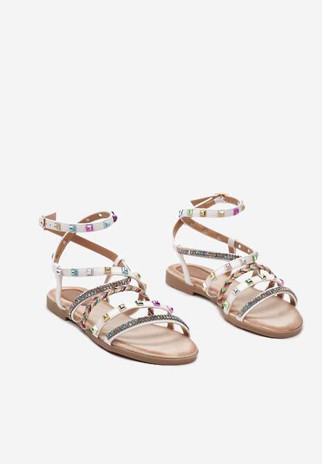 Białe Płaskie Sandały z Cienkimi Paskami z Cyrkoniami i Ćwiekami Mizuki