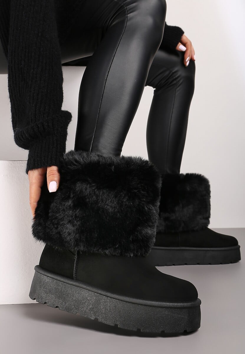 Czarne Śniegowce na Grubej Podeszwie Ozdobione Futerkiem Naolani