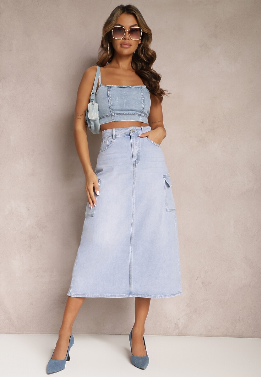 Czarna Spódnica Jeansowa Midi Typu Cargo z Kieszeniami Dyleta