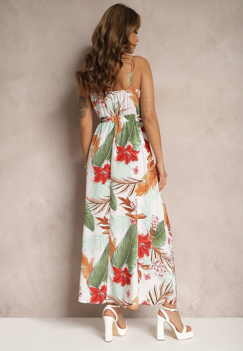 Biało-Zielona Wiskozowa Sukienka Rozkloszowana o Kopertowym Dekolcie na Ramiączkach Filinestia