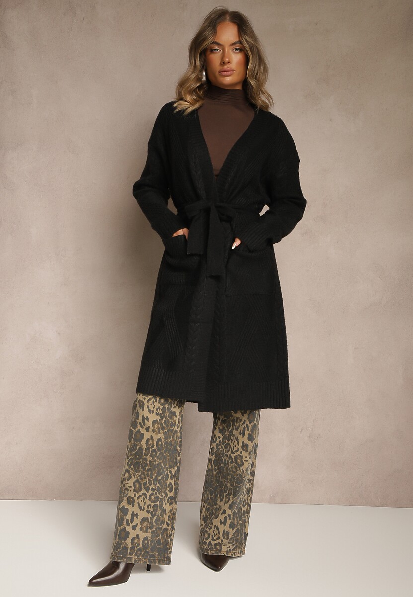 Beżowy Tłoczony Kardigan z Wełną o Kroju Bez Zapięć z Paskiem Dorrive