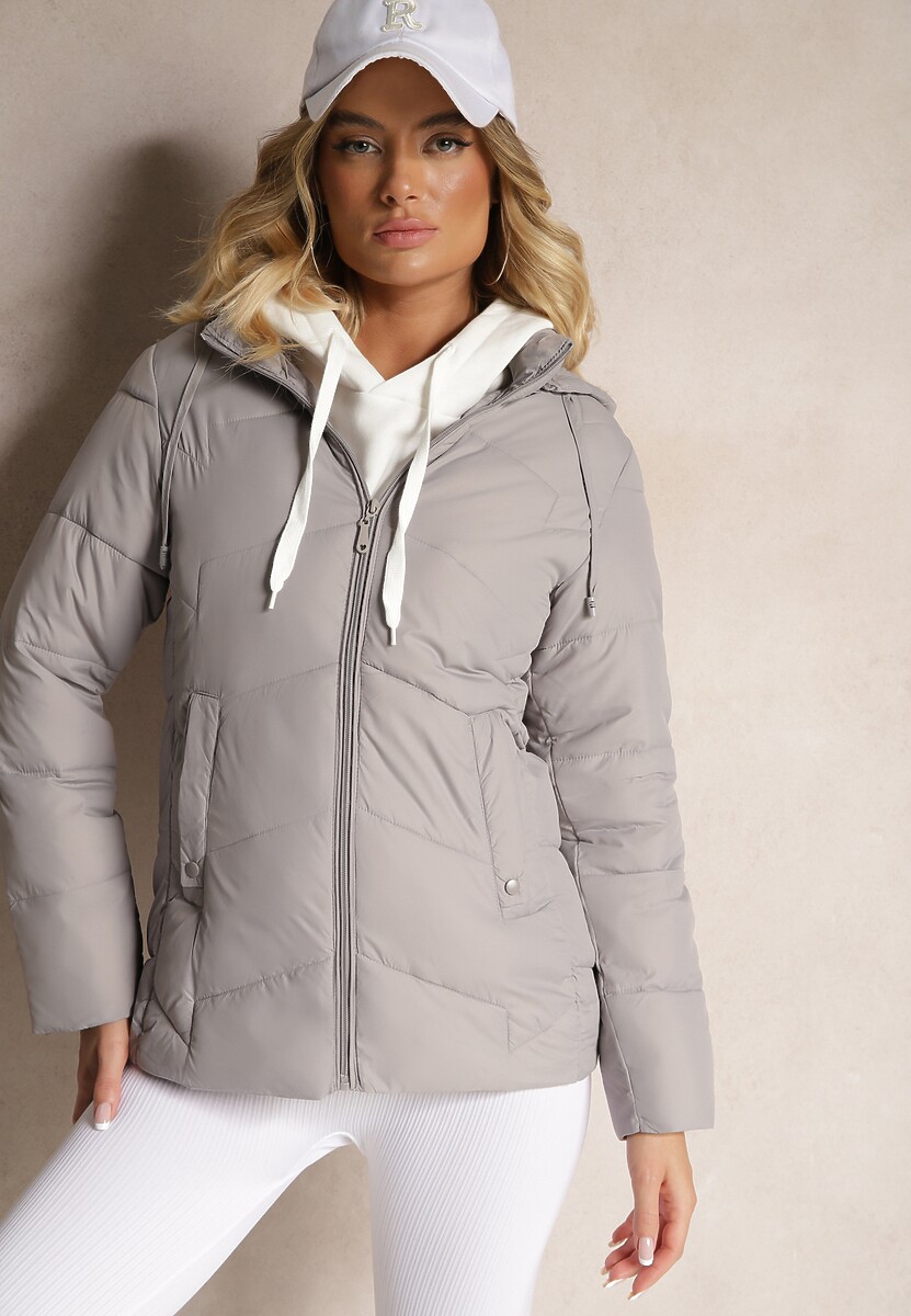 Jasnoszara Kurtka Pikowana z Kapturem z Możliwością Odpięcia Felathra
