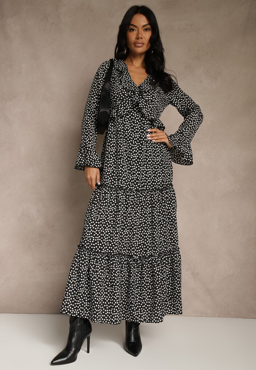 Czarna Sukienka VICES o Rozkloszowanym Fasonie z Falbankami Nevite