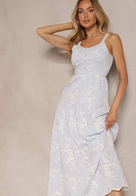 Niebieska Boho Sukienka Wiskozowo-Bawełniana z Guzikami na Ramiączkach w Kwiatowy Print Lildexis