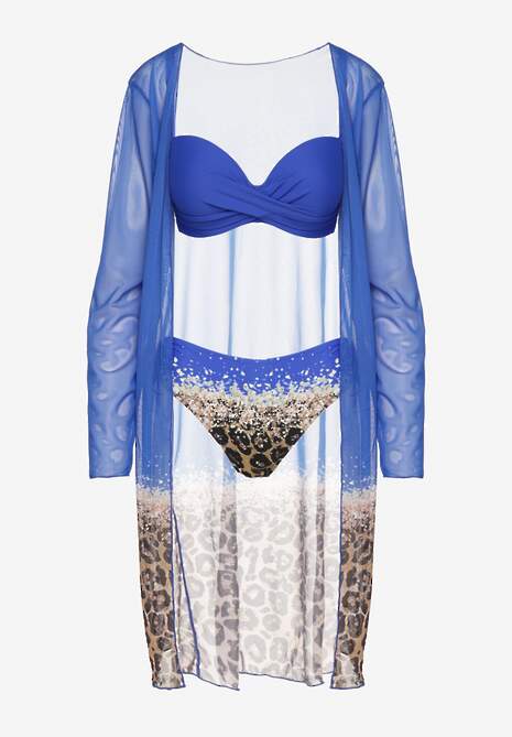 Niebieski Komplet Bikini Majtki Figi Biustonosz i Narzutka w Panterkę Paselina