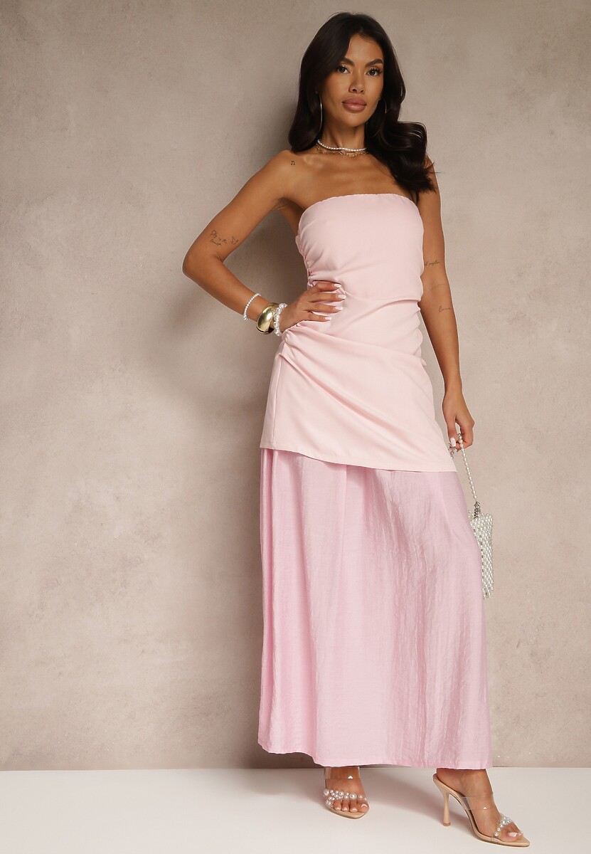 Różowa Sukienka Koktajlowa z Dekoltem Bandeau Ozdobiona Marszczeniem Folimmea