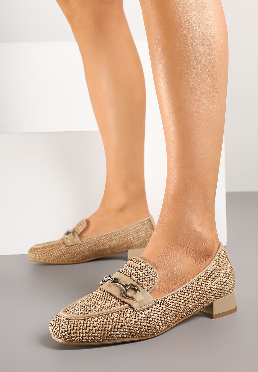 Beżowe Mokasyny z Wkładką ze Skóry Naturalnej Zdobione Plecionką i Aplikacją Falenitia