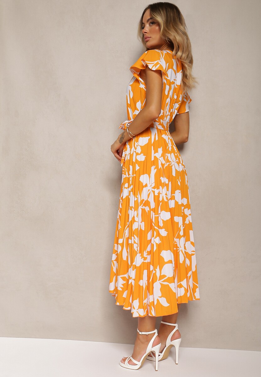 Pomarańczowa Sukienka z Kopertowym Dekoltem Plisowanym Dołem Wykończona w Talii Paskiem i Gumką Elsavia