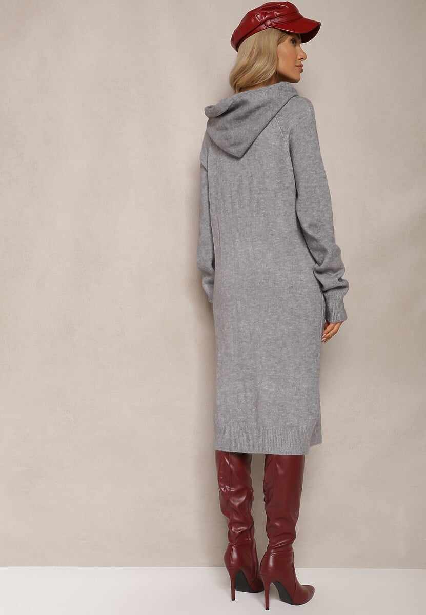 Szara Sukienka Sweterkowa z Kapturem Ozdobiona Sznurkami Ittilina