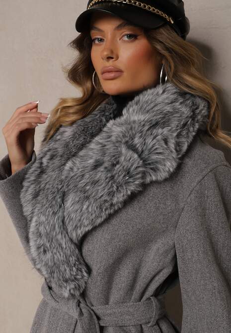 Szary Stylowy Płaszcz o Dwurzędowym Fasonie z Kołnierzem z Futerka i Paskiem Delarwen