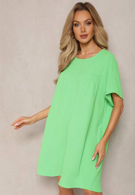 Jasnozielona Trapezowa Sukienka Mini z Krótkim Rękawem Abragala