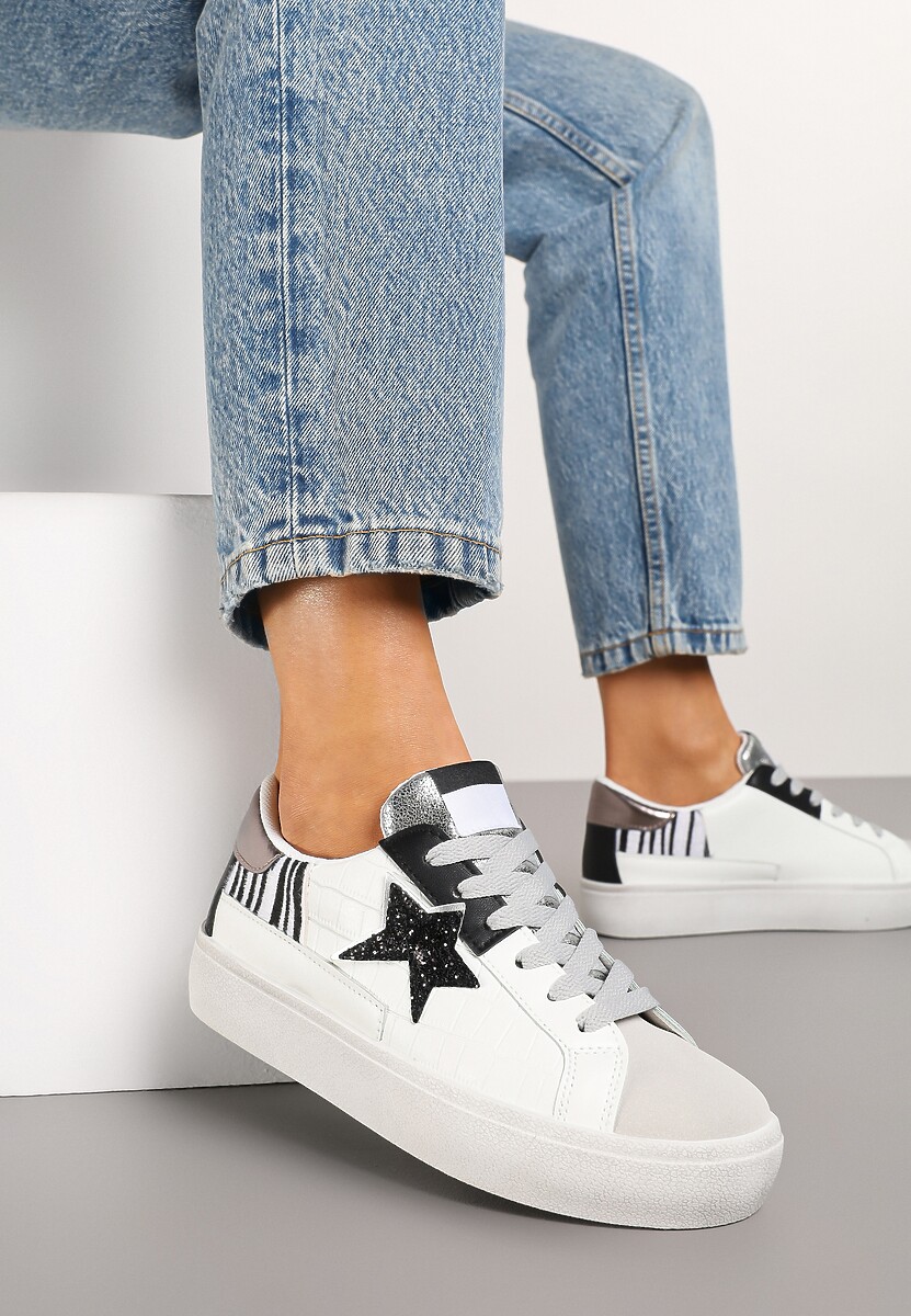Biało-Szare Sneakersy na Niskiej Platformie z Brokatowymi Zdobieniami Felaven